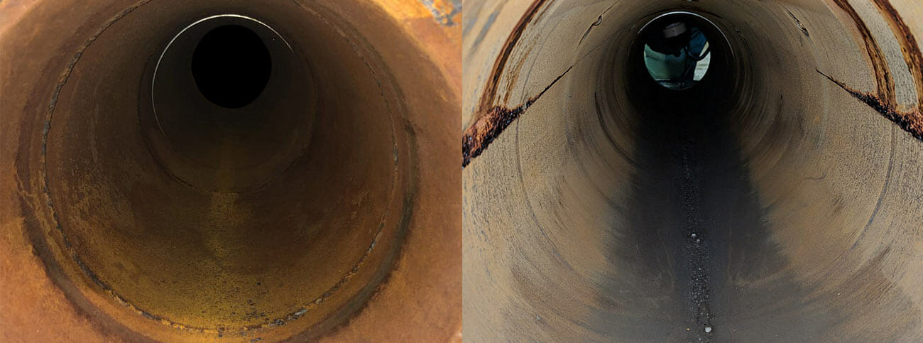 Flow meter interior before treatment at 215 to 400 CPM and after treatment at 80 to 100 CPM background radiation