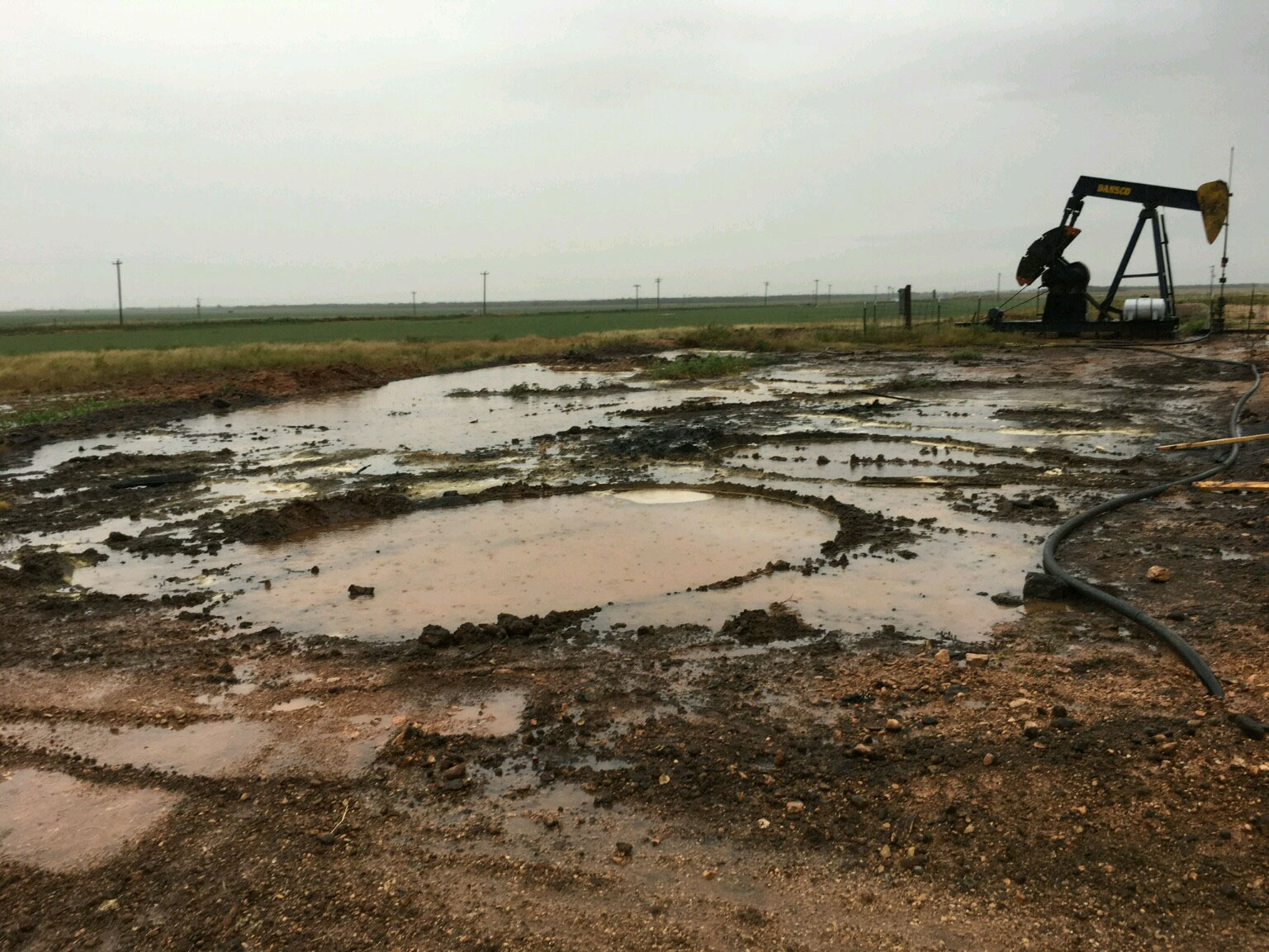 Oil contaminated tank battery site in a field prior to bioremediation